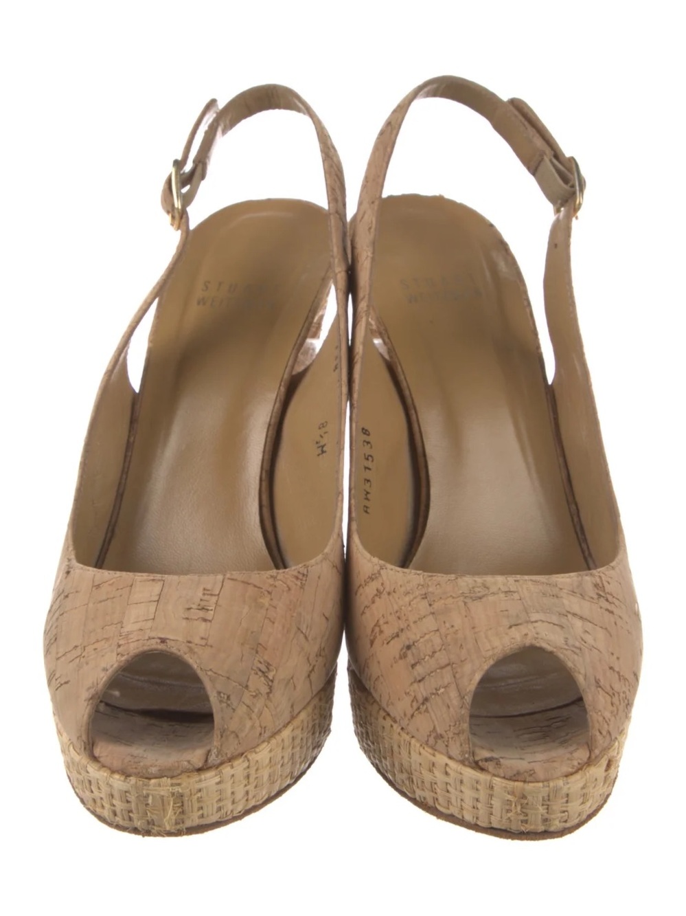 Stuart Weitzman Beige Cork & Raffia Peep-Toe Slingback Heels